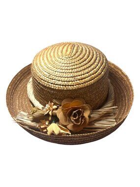 Vintage Straw Boater Sun Hat Floral 3D Flowers Victorian Cottagecore Gardening